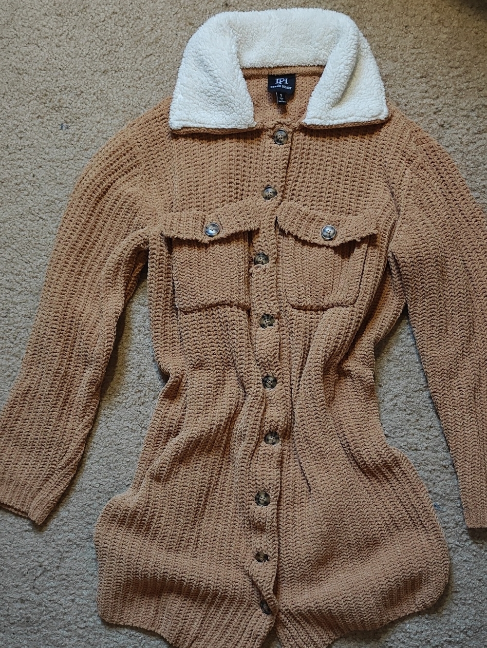 Derek Heart Tan Knit Button-Front Jacket with Cream Sherpa Collar